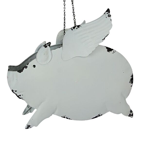 Metal Distressed White Flying Pig Hanging Planter Set Large & Small Flower Pots - Picture 5 of 8
